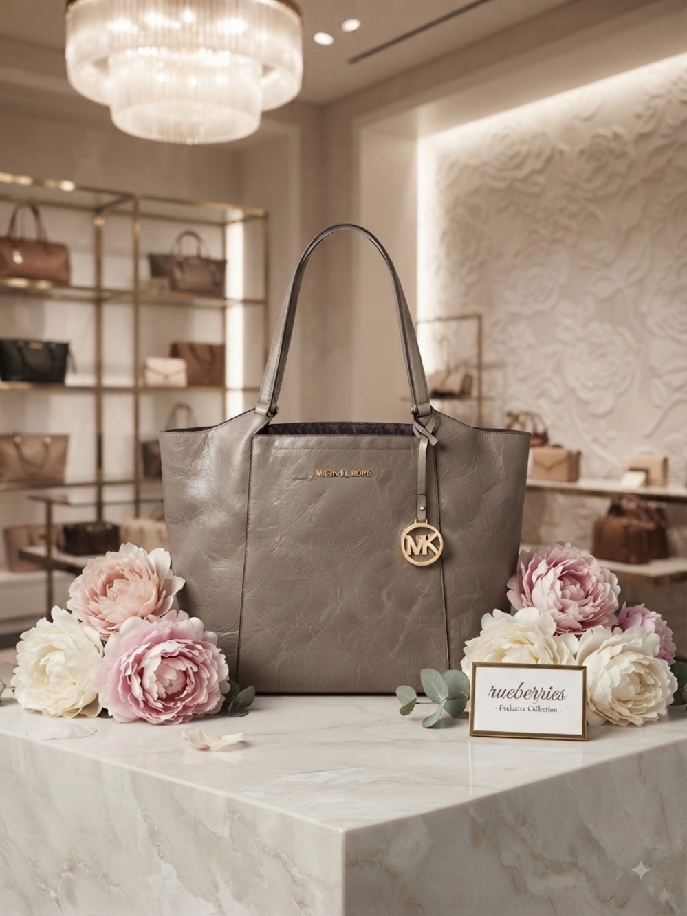 Michael Kors Taupe Gray Leather Tote with MK Charm